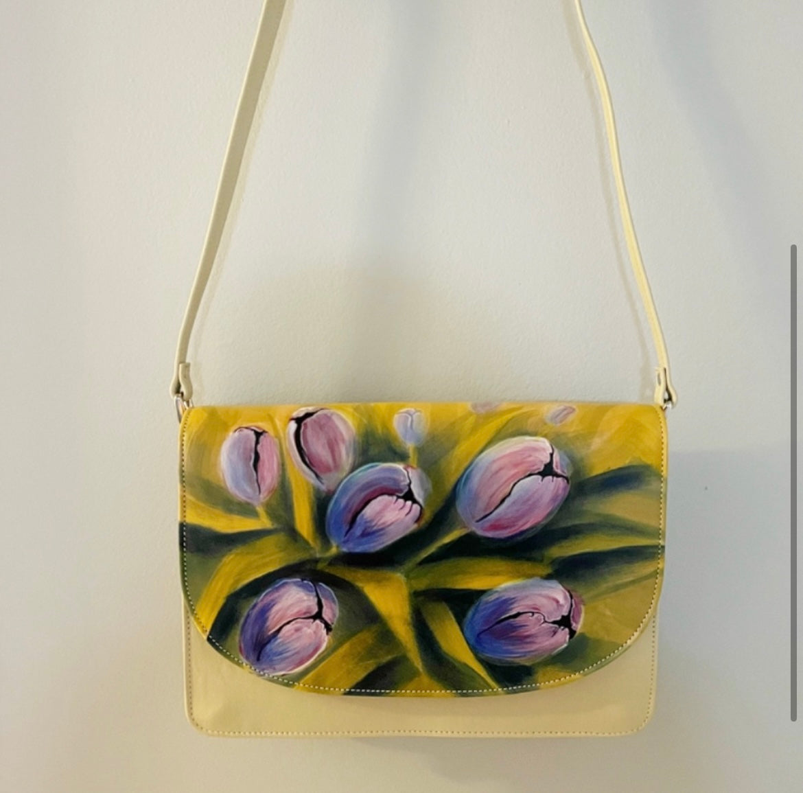 Authentic Genuine Leather Hand Painted Bambas Art Bag “The Blue Tulips”