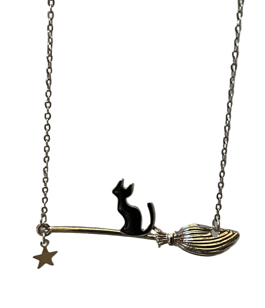 Cat on a Broom Necklace